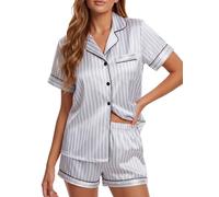 LYANER Pijama de satén Sedoso a Rayas para Mujer, Camiseta de Manga Corta con Pantalones Cortos, Gris, M