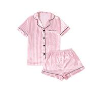 LYANER Pijama de satén Sedoso a Rayas para Mujer, Camiseta de Manga Corta con Pantalones Cortos, Rosado, Large