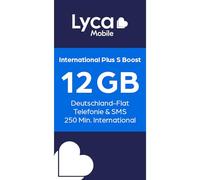 Lycamobile International Plus S Boost Tarjeta SIM prepaga sin Contrato, Incluye 12 GB de Volumen de Datos