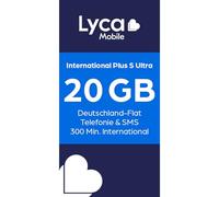 Lycamobile Lyca Mobile International Plus S Ultra - Tarjeta SIM prepaga (sin Contrato, Incluye 20 GB de Volumen de Datos)