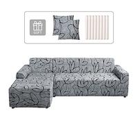 Lydevo Funda para Sofá Chaise Longue 2 Piezas Funda Cubre Sofá de Sofá Rinconera Forma de L Reversible con 2 Fundas de Almohada Elásticas Protector para Sofá Esquinero Derecho Izquierda,Flor Gris