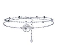 Lydreewam árbol de la Vida Tobillera Pulsera Plata de Ley 925 para Mujer Tobillera Doble Cadena con Cuentas Verano Descalzo Playa Cadena de Pie, Ajustable 22+4cm
