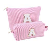 LYEAA 2 bolsas de almacenamiento de felpilla con letras a rayas, organizador de cosméticos con estuche con cremallera, regalos de graduación, regalos de cumpleaños para niñas, Rosa A, Contemporáneo
