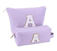 LYEAA 2 Piezas de Chenilla con Letras a Rayas Organizador de Maquillaje Bolsa de Almacenamiento Lindo Estuche Organizador de cosméticos con Cremallera Bolsa para el Cuidado de la Piel Regalo