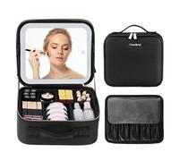 LYEAA Bolsa de Maquillaje de Viaje Bolsa Organizadora de Maquillaje con Espejo Estuche de Cosméticos con Luz LED/Compartimento Divisor Ajustable, 1,2 kg, 26 * 23 cm, Cuero de PU de Moda Info
