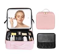 LYEAA Bolsa de Maquillaje de Viaje Bolsa Organizadora de Maquillaje con Espejo Estuche de Cosméticos con Luz LED/Compartimento Divisor Ajustable, 1,2 kg, 26 * 23 cm, Cuero de PU de Moda Info