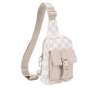 LYEAA Bolso bandolera pequeño de cuero a cuadros para mujeres y hombres, bolsa de hombro ligera para correr y senderismo, beige, 10.24x0.39x6.69inch