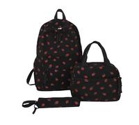 LYEAA de Tres Piezas de Mochila de Fresa con Bolsa de Almuerzo y Estuche de lápiz (Negro)