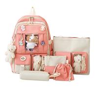 LYEAA Juego de 5 mochilas escolares de lona, mochilas escolares Kawaii para niñas y estudiantes, rosa, 43x30x13cm