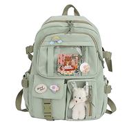 LYEAA Mochila Kawaii con pines y colgante de animal de felpa, para mujeres y niñas, estilo preppy de PVC, transparente, mochila escolar, mochila de gran capacidad, Estilo D, verde, 40 x 30 x 11 cm