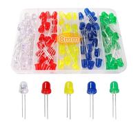 Lyeteung 100 Piezas 8mm LED Diodo Emisor, 2-Pin Diode Emisor de Luz, LED Diode Cabeza Redonda, Blanco/Rojo/Amarillo/Verde/Azul