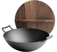 LYFHJD 14 Inch Traditional Hand Hammered Cast Iron Wok Chef's Pot with 2 Pan Ear and Cover-36cm(36cm)