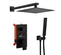 LYFHJD Bathroom Shower Mixer Set Shower Set Black Wall Mounted Digital Display Bathroom Rain Mixer Shower Set with 10-12 Inch Square Rainfall Shower Head and Handheld Shower Luxury SH