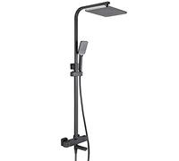 LYFHJD Bathroom Thermostatic Set Black Brass 20X30 cm Rain 3 Modes Head Swivel Faucet Mixer Tap System Kit with Shower Head-A