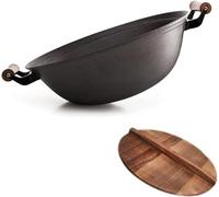 LYFHJD Binaural Cast Iron Nonstick Wok Pan Uncoated Thick Round Bottom Pan with Wooden Lid Cast Iron Not Easy to Rust Black 36cm Woks & Stir-Fry Pans(40cm)