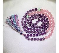 LYFHJD Charm Jewelry 8mm Amethyst Pink Crystal Gem Knotted Tassel 108 Bead Necklace Handmade Bead#16938
