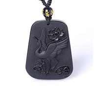 LYFHJD Charm Jewelry Natural Black Obsidian Beads Necklace Hand-Carved Crane Jade Pendant Fashion Charm Jewelry for Man Women Amulet Auspicious Gifts