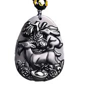 LYFHJD Charm Jewelry Natural Black Obsidian Beads Necklace Hand-Carved Sheep Rabbit Jade Pendant Fashion Charm Jewellery Amulet Gifts Jewelry