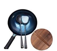 LYFHJD Chinese Hand Hammered Iron Woks 11.8Inch Round Bottom Wok Pan and Stir Fry Pans with Wooden Lid No Coating Less Oil Non-Stick Pot(32cm/12.59inch)