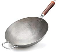 LYFHJD Chinese Hand Hammered Iron Woks 14Inch Round Bottom Wok Pan and Stir Fry Pans with Helper Wooden Handle for Delicious Dishes Woks-34cm(34cm)