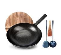 LYFHJD Chinese Hand Hammered Iron Woks Non-Stick Pot Round Bottom Woks & Stir-Fry Pans Set with Wooden Lid & Cookwares for Both Indoor Outdoor Cooking 32cm