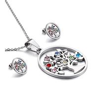 LYFHJD Colorful Crystal Tree of Life Stainless Steel Gold Silver Color Christmas Jewelry Earrings Necklace Sets For Women Girl Choker Party