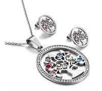 LYFHJD Colorful Crystal Tree of Life Stainless Steel Gold Silver Color Christmas Jewelry Earrings Necklace Sets For Women Girl Choker Party