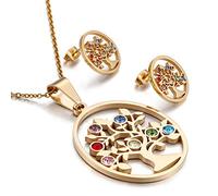 LYFHJD Colorful Crystal Tree of Life Stainless Steel Gold Silver Color Christmas Jewelry Earrings Necklace Sets For Women Girl Choker Party