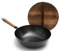 LYFHJD Cooking Pots and Pans Traditional Hand-Hammered Iron Wok with pre-Seasoned Cast Iron Wok with a Chinese Pine Lid Black woks & Stir-Fry Pans