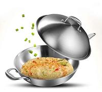 LYFHJD Cooking Pots Pans Stainless Steel Wok Pan No Coated Non Stick Cook and Pour Wok Stir Fry Pan with Lid and Handle for Gas/Induction Cookware Multipurpose Stainless Steel Wok