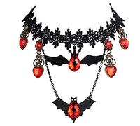LYFHJD Creative Red Crystal Black Bat Pendant Choker For Women Lace Chain Heart Necklace Halloween Fashion Jewelry Party Gift