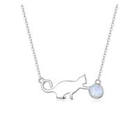 LYFHJD Cute Cat Playing Pendant Necklace Opal Link Chain For Women Girls Gift Jewelry