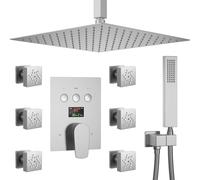 LYFHJD Handheld showerFull Body Shower System 12" Ceiling Multifunctional Shower Faucet Set with Temperature Display Valve and Handheld Shower and 6pcs Dual Modes Shower Head (Brushed Go