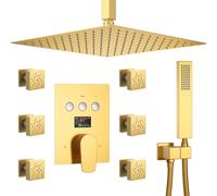 LYFHJD Handheld showerFull Body Shower System 12" Ceiling Multifunctional Shower Faucet Set with Temperature Display Valve and Handheld Shower and 6pcs Dual Modes Shower Head (Brushed Go