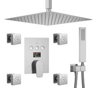 LYFHJD Handheld showerOil Rubbed Bronze Shower System with Temperature Gauge 4 Piece Dual Mode Body Jets Rain Shower Head with Hand Shower 12" Ceiling Mount Full Body Shower Faucet Set