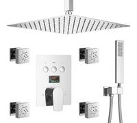 LYFHJD Handheld showerOil Rubbed Bronze Shower System with Temperature Gauge 4 Piece Dual Mode Body Jets Rain Shower Head with Hand Shower 12" Ceiling Mount Full Body Shower Faucet Set