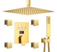 LYFHJD Handheld showerOil Rubbed Bronze Shower System with Temperature Gauge 4 Piece Dual Mode Body Jets Rain Shower Head with Hand Shower 12" Ceiling Mount Full Body Shower Faucet Set