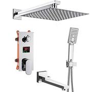 LYFHJD LCD Digital 3-Way Shower Faucet Set Ultrathin Shower Head with LCD Display Mixer Tap 180 Swivel Tub Spout Bath Shower Set Set 12 Inch Set-A