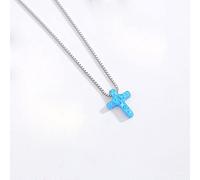 LYFHJD New Women Genuine Blue Stone Cross Charm Opal Necklace Rosary