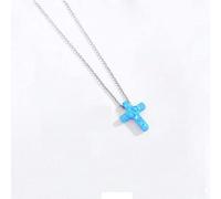 LYFHJD New Women Genuine Blue Stone Cross Charm Opal Necklace Rosary