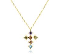 LYFHJD Rainbow Colorful Six Zircon Cross Pendent Necklace Long Chain Women Luxury Jewelry Crystal Fine