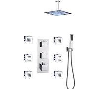 LYFHJD Shower System Thermostatic Concealed Shower Combo Set Chrome Finish Shower Mixer Taps Set with 6 Body Sprays with Brass Hand Shower and Waterfall Rainfall Shower Head 16 Inch