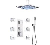 LYFHJD Shower System Thermostatic Concealed Shower Combo Set Chrome Finish Shower Mixer Taps Set with 6 Body Sprays with Brass Hand Shower and Waterfall Rainfall Shower Head 16 Inch