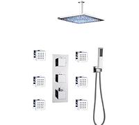 LYFHJD Shower System Thermostatic Concealed Shower Combo Set Chrome Finish Shower Mixer Taps Set with 6 Body Sprays with Brass Hand Shower and Waterfall Rainfall Shower Head 16 Inch