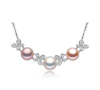 LYFHJD Sterling Silver Chain Pendant Necklace 8-9 Mm Freshwater Pearls Jewelry with Butterfly For Women