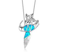 LYFHJD Unique Female Animal Jewelry Silver Color Cute Bird & Flower Blue Fire Opal Pendant Necklace Gifts