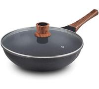 LYFHJD Wok - Nonstick Woks and Stir Fry Pans with Glass Lid Stone-Derived Coating Wooden Effect Handle Suitable for All Stove Induction by
