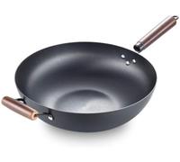 LYFHJD Wok Pre-Seasoned Carbon Steel Pow Wok Red ELM Traditional Hand Hammered Stir-Fry Pan with Helper Wooden Handle-34cm(34cm)