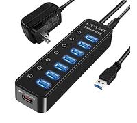 LYFNLOVE Powered USB Hub 3.0 Splitter,7 Port USB Data Hub with Power Adapter and One Charging Port,Individual On/Off Switches and Lights for Laptop, PC, Computer, Mobile HDD, Flash Drive and More