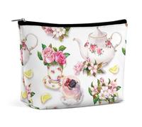 Lyfthologen Bolsa de cosméticos, bolsa de maquillaje verde para campo de fútbol, bolsa de aseo portátil con cremallera para uso diario, viajes, Pastel y tetera floral, One Size